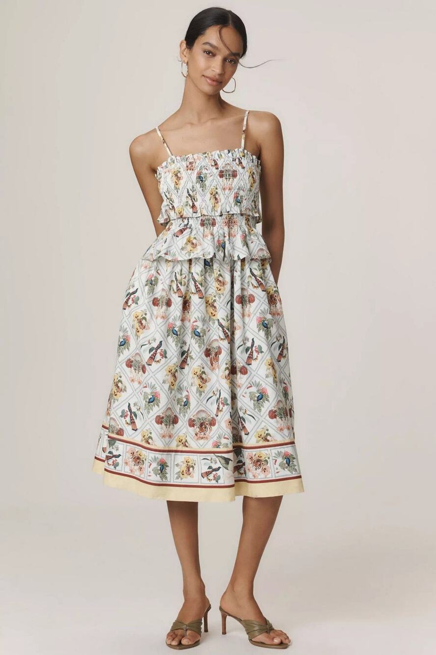 Anthropologie Smocked Peplum Cotton Multicolor Floral Animals Midi Dress Small